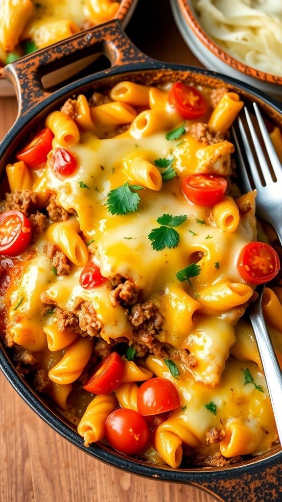 Cheesy hamburger casserole with ground beef, pasta, and tomatoes, garnished with parsley, served in a rustic dish.